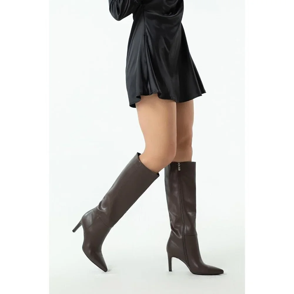 🆕Women Stiletto Brown Side Zipper Pointed Toe Knee High Dress Fashion Boots